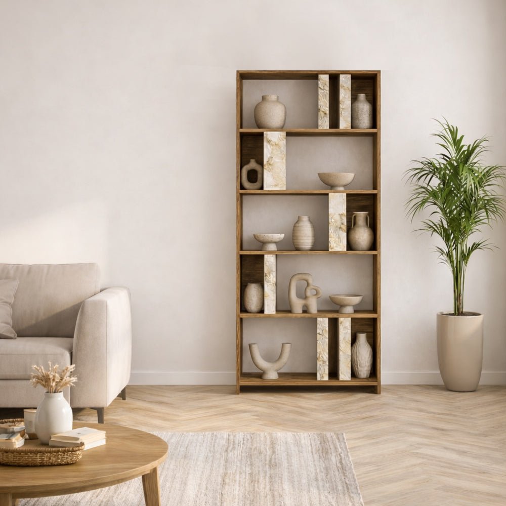 Asymmetrical bookcase marble look walnut melamine Lima 90x180x20 cm
