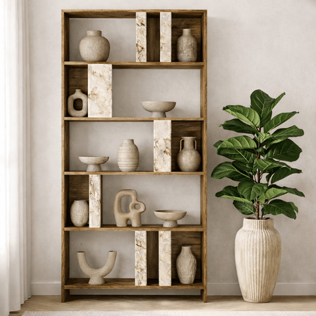 Asymmetrical bookcase marble look walnut melamine Lima 90x180x20 cm