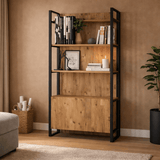 Industrial bookcase with shelves and closed storage compartment pine melamine Lyra 90x180x34 cm