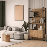 Industrial bookcase with shelves and closed storage compartment pine melamine Lyra 90x180x34 cm