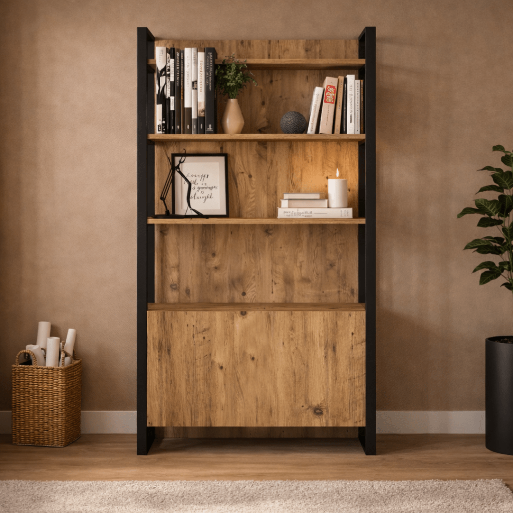 Industrial bookcase with shelves and closed storage compartment pine melamine Lyra 90x180x34 cm