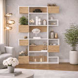 Modern bookcase with asymmetrical compartments white oak melamine Niho 120x171x20 cm