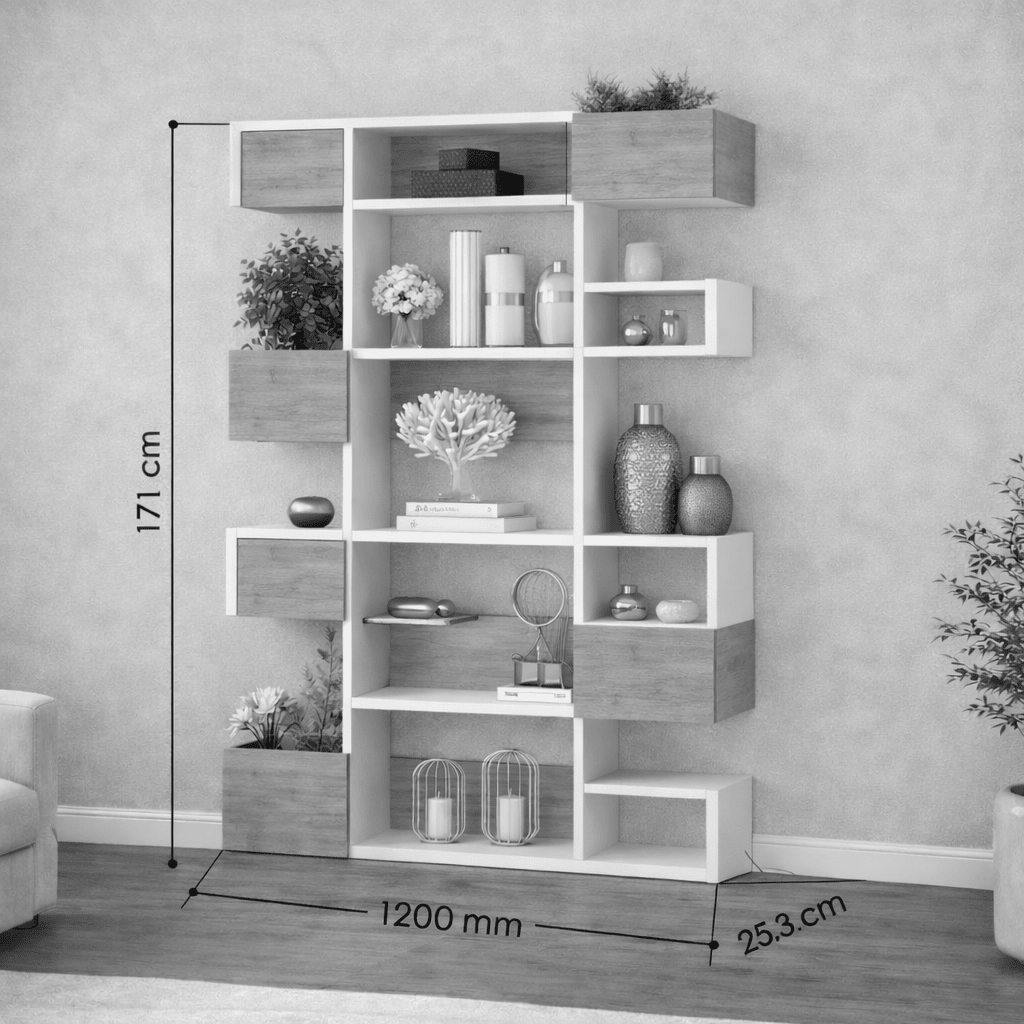 Modern bookcase with asymmetrical compartments white oak melamine Niho 120x171x20 cm