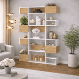 Modern bookcase with asymmetrical compartments white oak melamine Niho 120x171x20 cm
