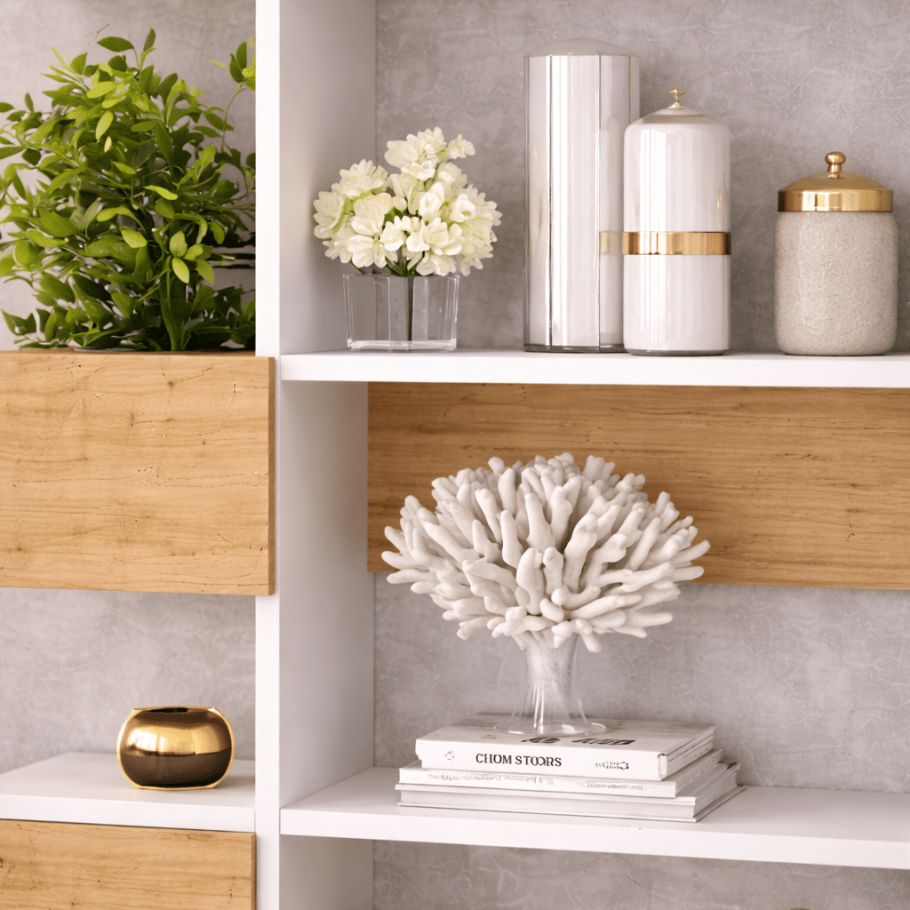 Modern bookcase with asymmetrical compartments white oak melamine Niho 120x171x20 cm