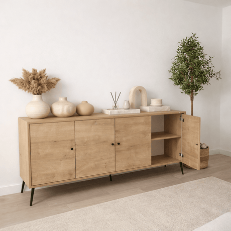 Calvin Sideboard Oak Look with Soft-Close 180 cm Melamine – Four Doors
