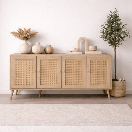 Calvin Sideboard Rattan–Oak Look with Soft-Close 180 cm Melamine
