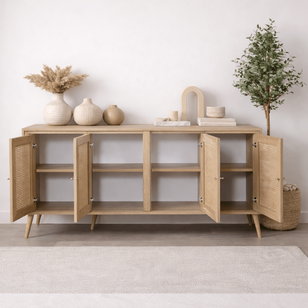 Calvin Sideboard Rattan–Oak Look with Soft-Close 180 cm Melamine

