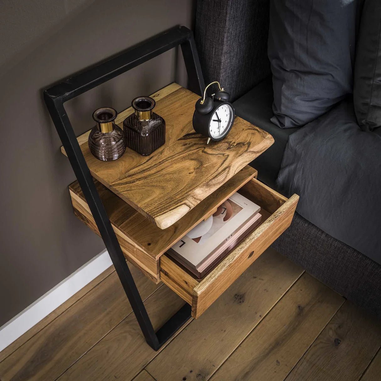 Industrial Nightstand Camila Acacia Wood 1 Drawer - Outlet 