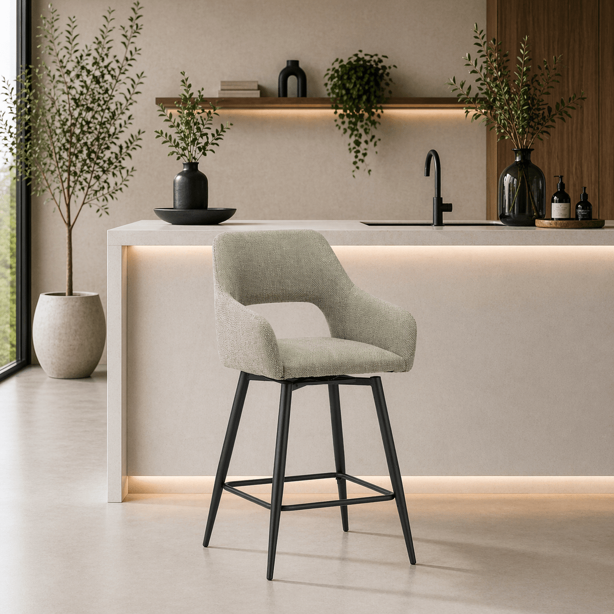 Swivel Bar Stool Green Fabric Skye - Seat Height 67 cm - With Armrests