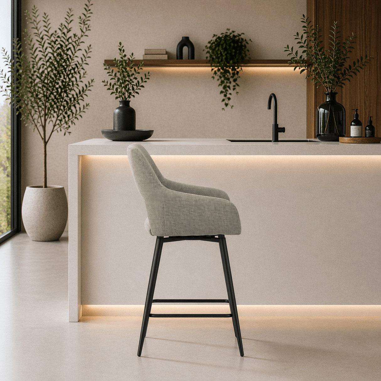 Swivel Bar Stool Green Fabric Skye - Seat Height 67 cm - With Armrests