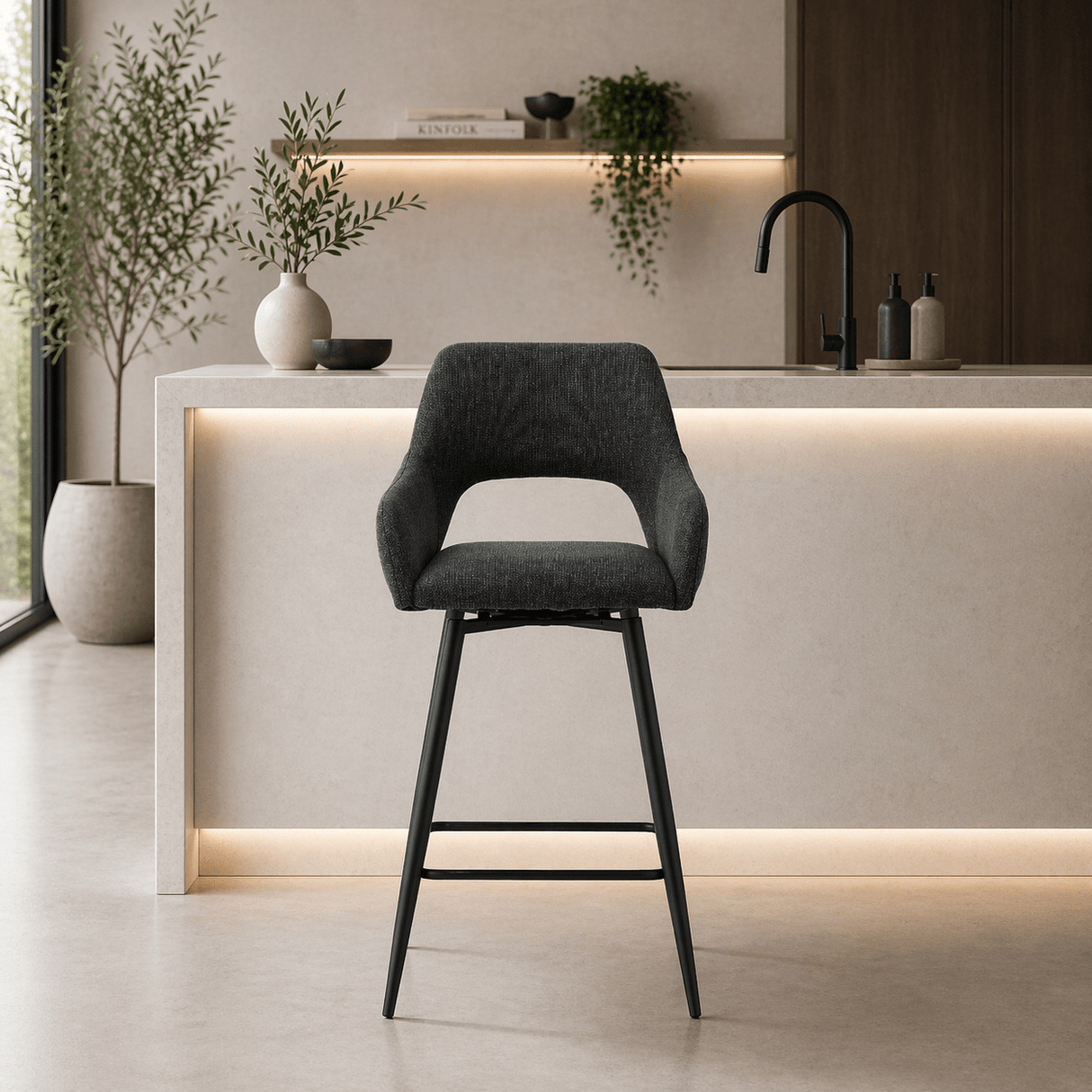 Swivel Bar Stool Black Fabric Skye - Seat Height 67 cm - With Armrests