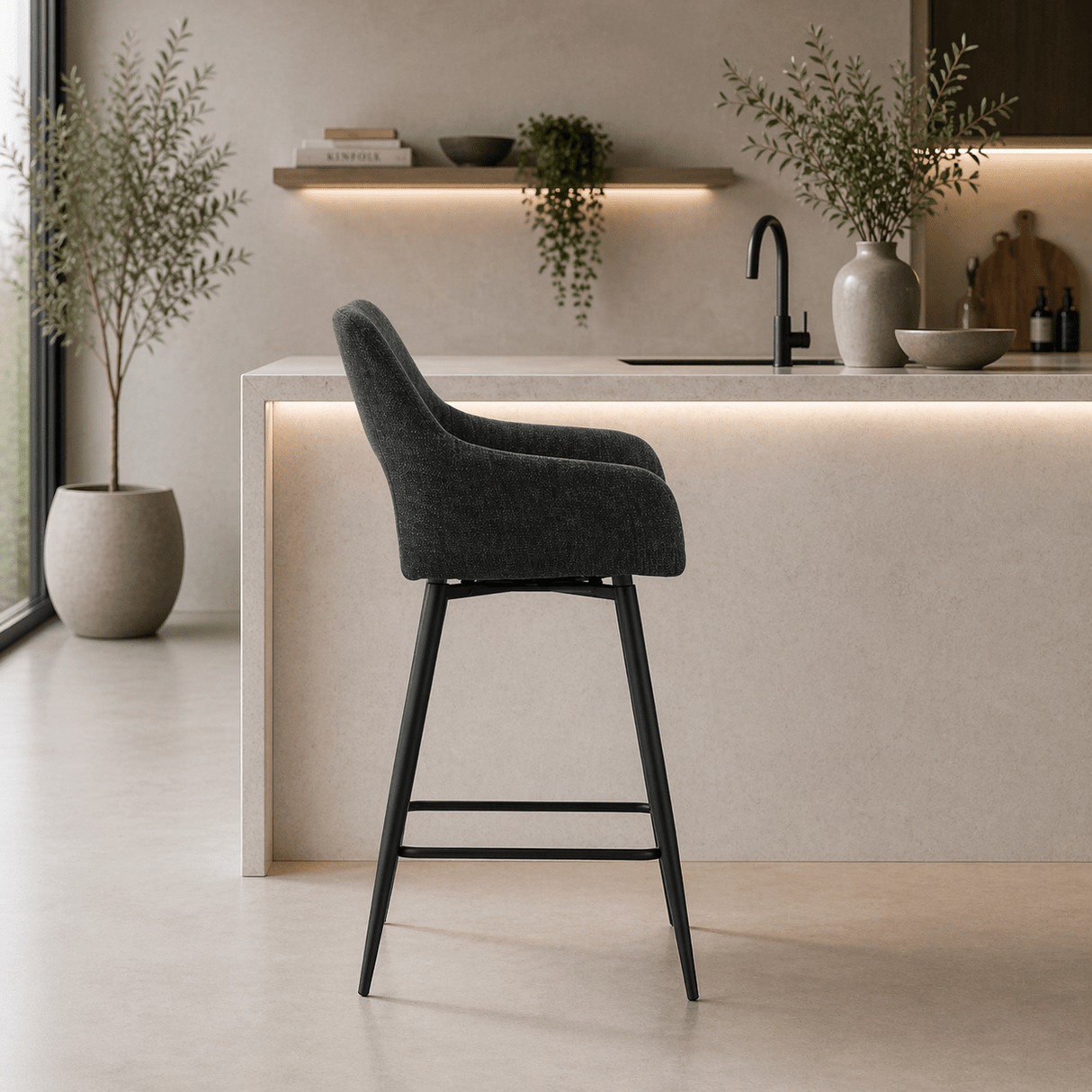 Swivel Bar Stool Black Fabric Skye - Seat Height 67 cm - With Armrests