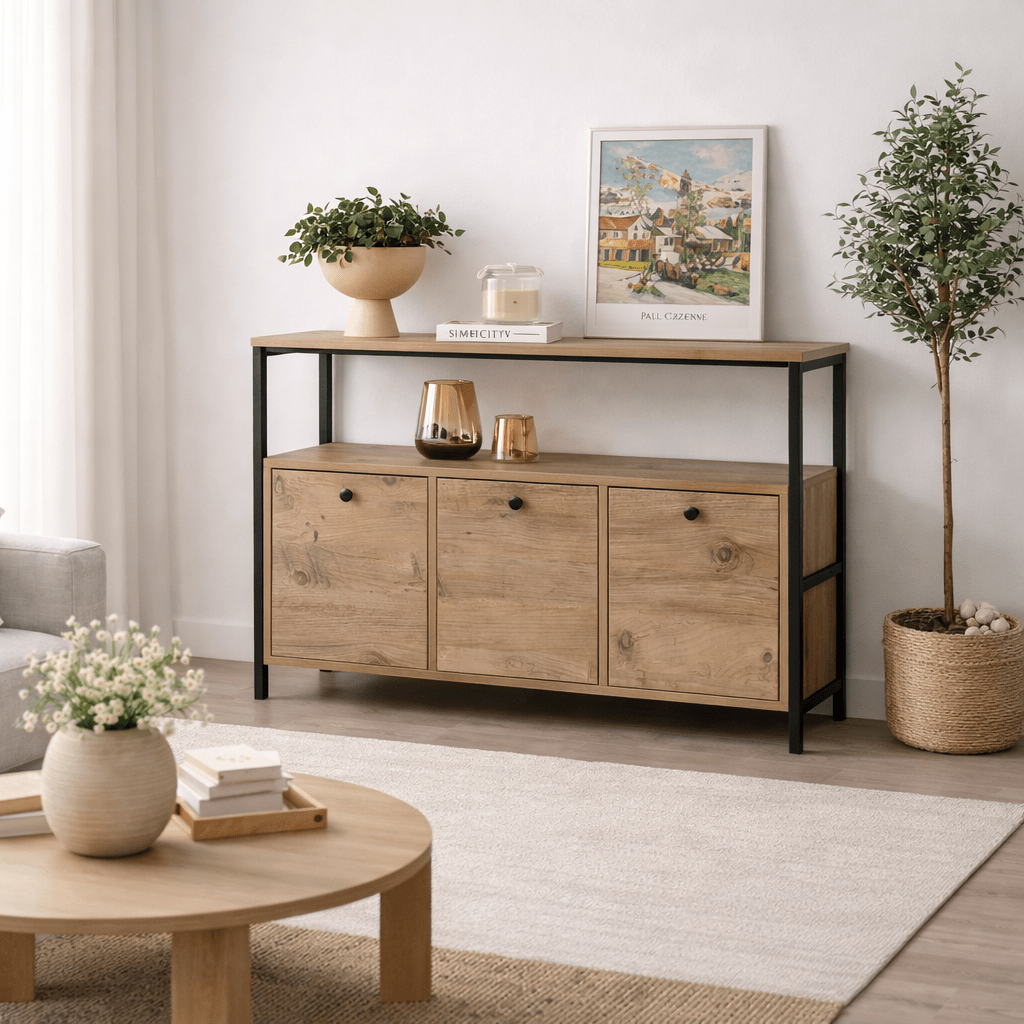 Sideboard Atlantic Pine Saloce - Black Frame - Three Compartments - 120x77 cm 