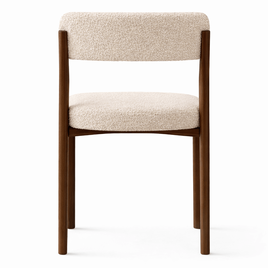 Eetkamerstoelen - Eetkamerstoel bouclé zandkleur Aiko - walnootlook frame - Japandi - Dimehouse