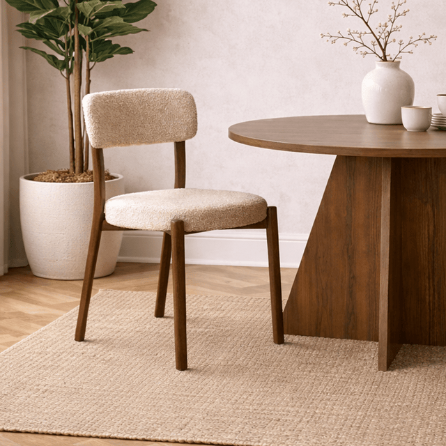Eetkamerstoelen - Eetkamerstoel bouclé zandkleur Aiko - walnootlook frame - Japandi - Dimehouse
