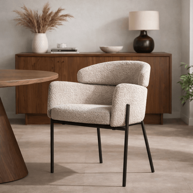 Eetkamerstoelen - Eetkamerstoel Bouclé Beige - Japandi - ronde vormen - Lola - Dimehouse