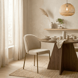 Jiro sand-coloured bouclé dining chair – walnut-effect frame – Japandi