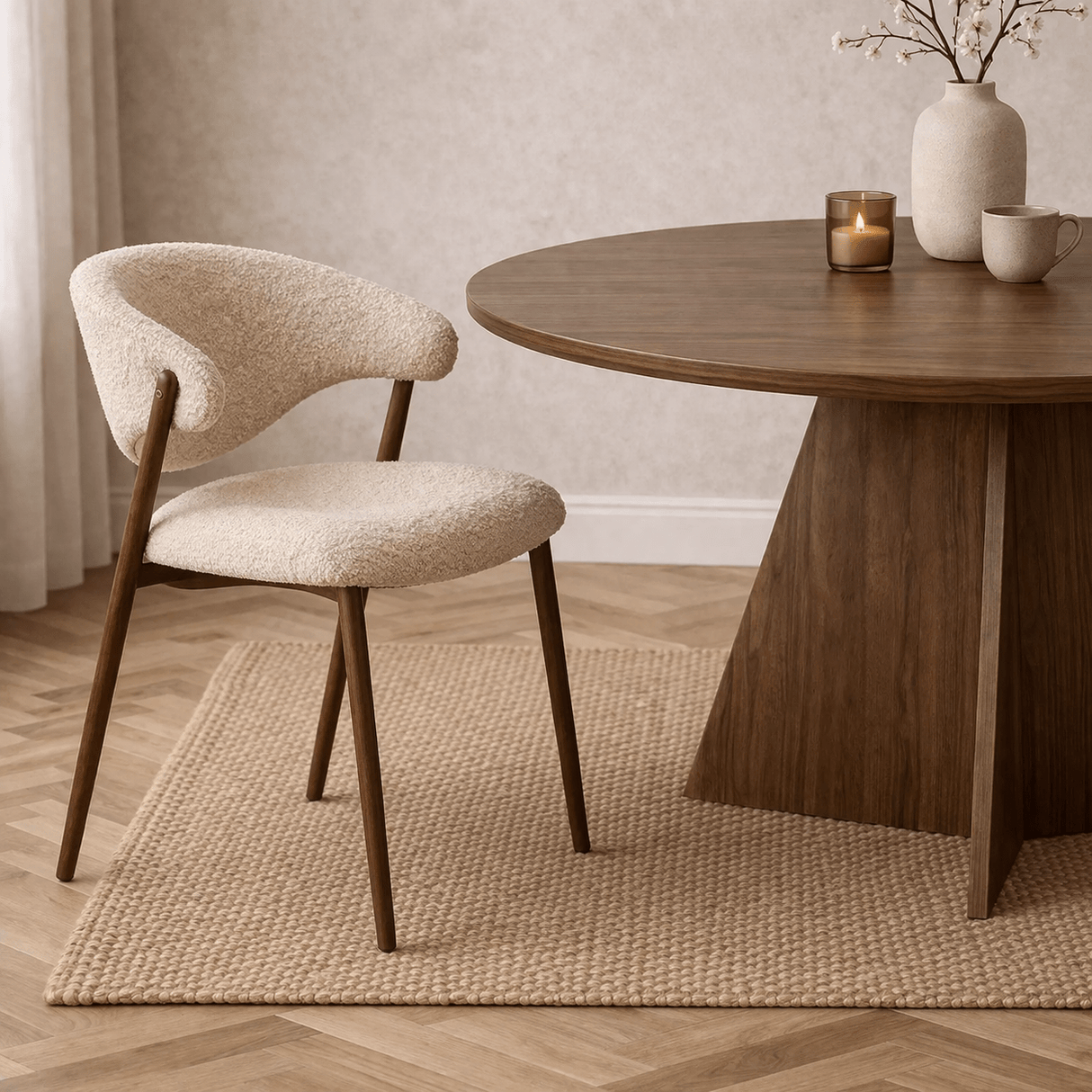 Dining chair bouclé sand Kaito - walnut look frame - Japandi