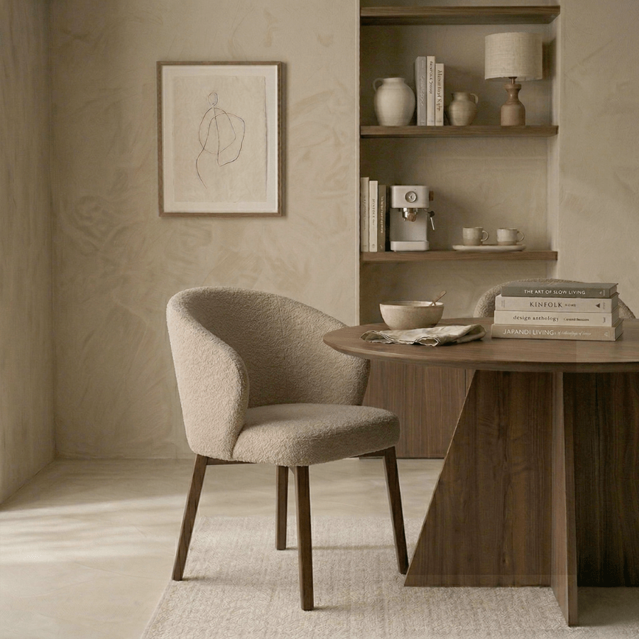 Taro sand-coloured bouclé dining chair – walnut-effect frame – Japandi