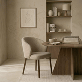 Taro sand-coloured bouclé dining chair – walnut-effect frame – Japandi