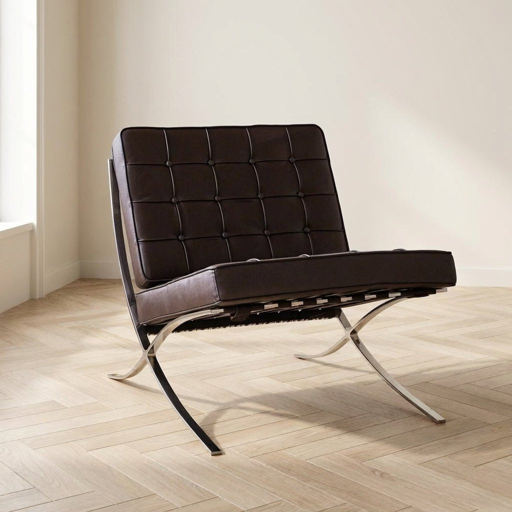 Expo fauteuil donkerbruin premium leer sfeerfoto in modern interieur