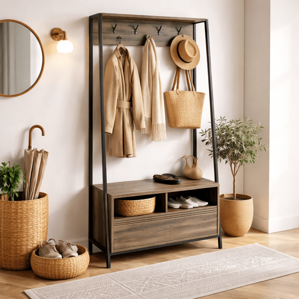 Wardrobe Furniture Coat Rack Walnut Melamine Devon - With Compartments and Drawer 