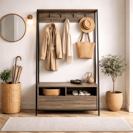Wardrobe Furniture Coat Rack Walnut Melamine Devon - With Compartments and Drawer 