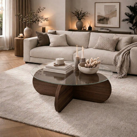 Round coffee table Aris walnut melamine and transparent glass 75 cm