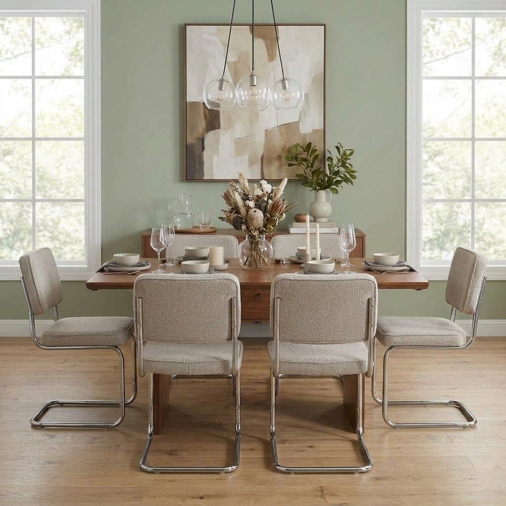 Eetkamerstoelen-Moderne Eetkamerstoel Zandkleur Bouclé Stof Sway - Chrome Frame - Zonder Armleuningen-Dimehouse
