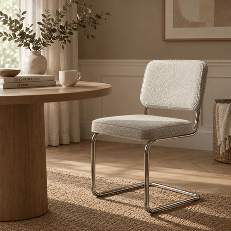 Eetkamerstoelen-Moderne Eetkamerstoel Grijs Bouclé Stof Sway - Chrome Frame - Zonder Armleuningen-Dimehouse