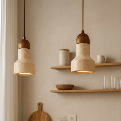 Hanging lamp 1 light - Walnut & Travertine - elongated - Hakaro