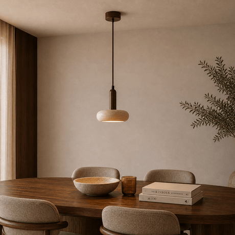 Hanging lamp 1 light - Walnut & Travertine - flat elongated - Hakaro