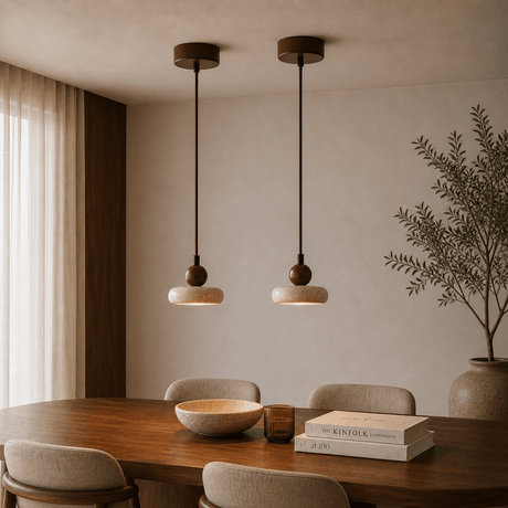 Hanging lamp 1 light - Walnut & Travertine - flat with sphere - Hakaro