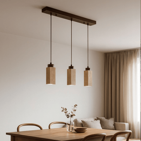 Hanging lamp 3-light - Walnut & Travertine blocks - block shape - Sudoki