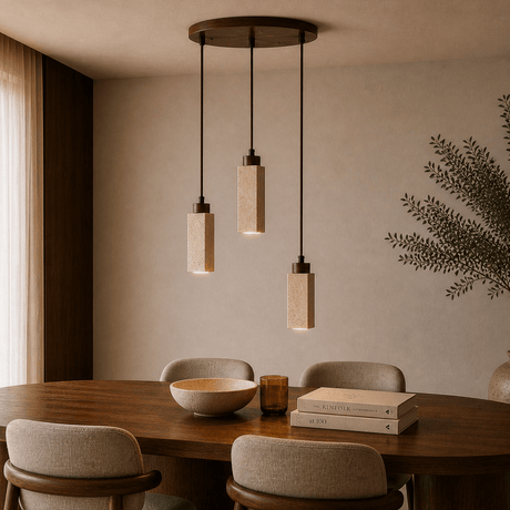 Hanging lamp 3-light - Walnut & Travertine blocks - block shape - round plate - Sudoki