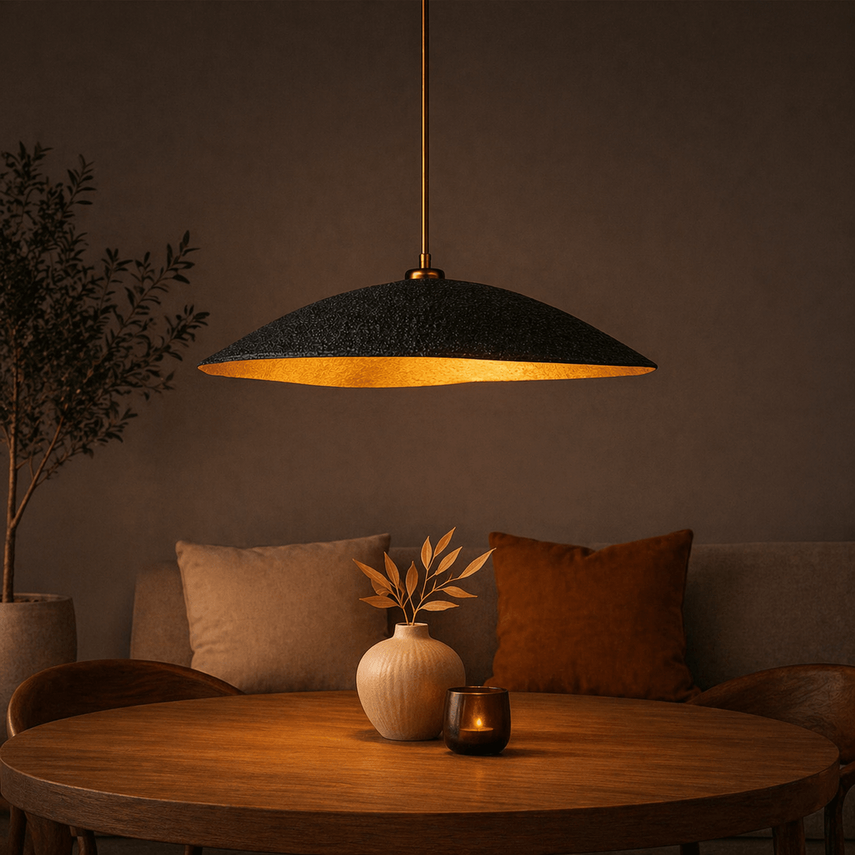 Hanglampen - Hanglamp zwart met goud carbon betonnen kap - 40 cm - Flowing - Dimehouse