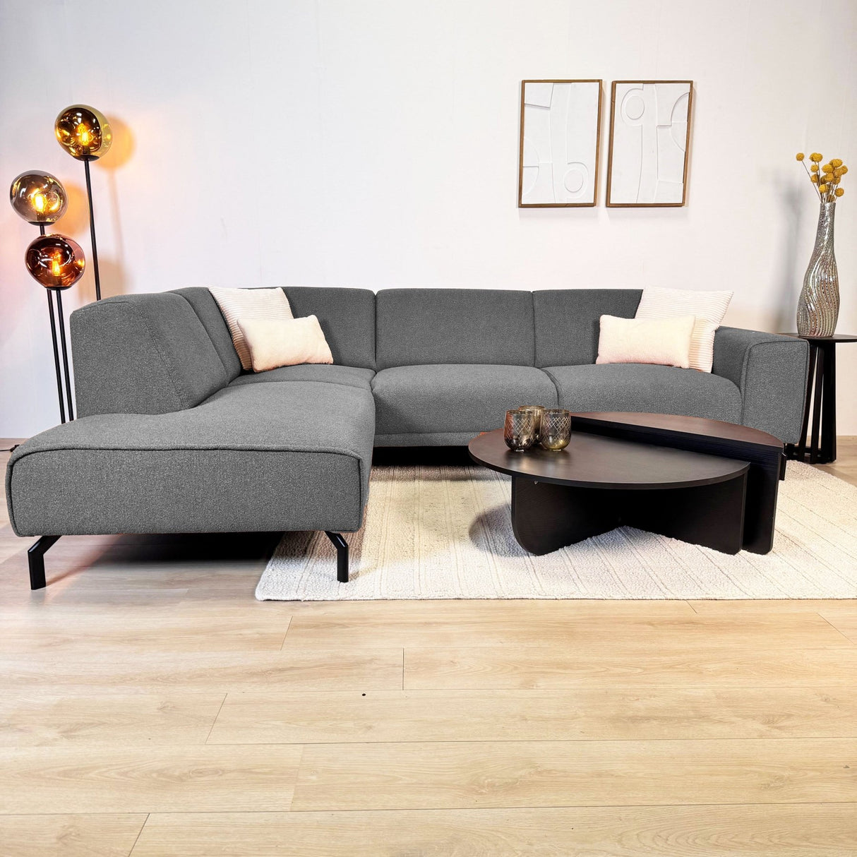 Gray bouclé fabric corner sofa Maël - left 