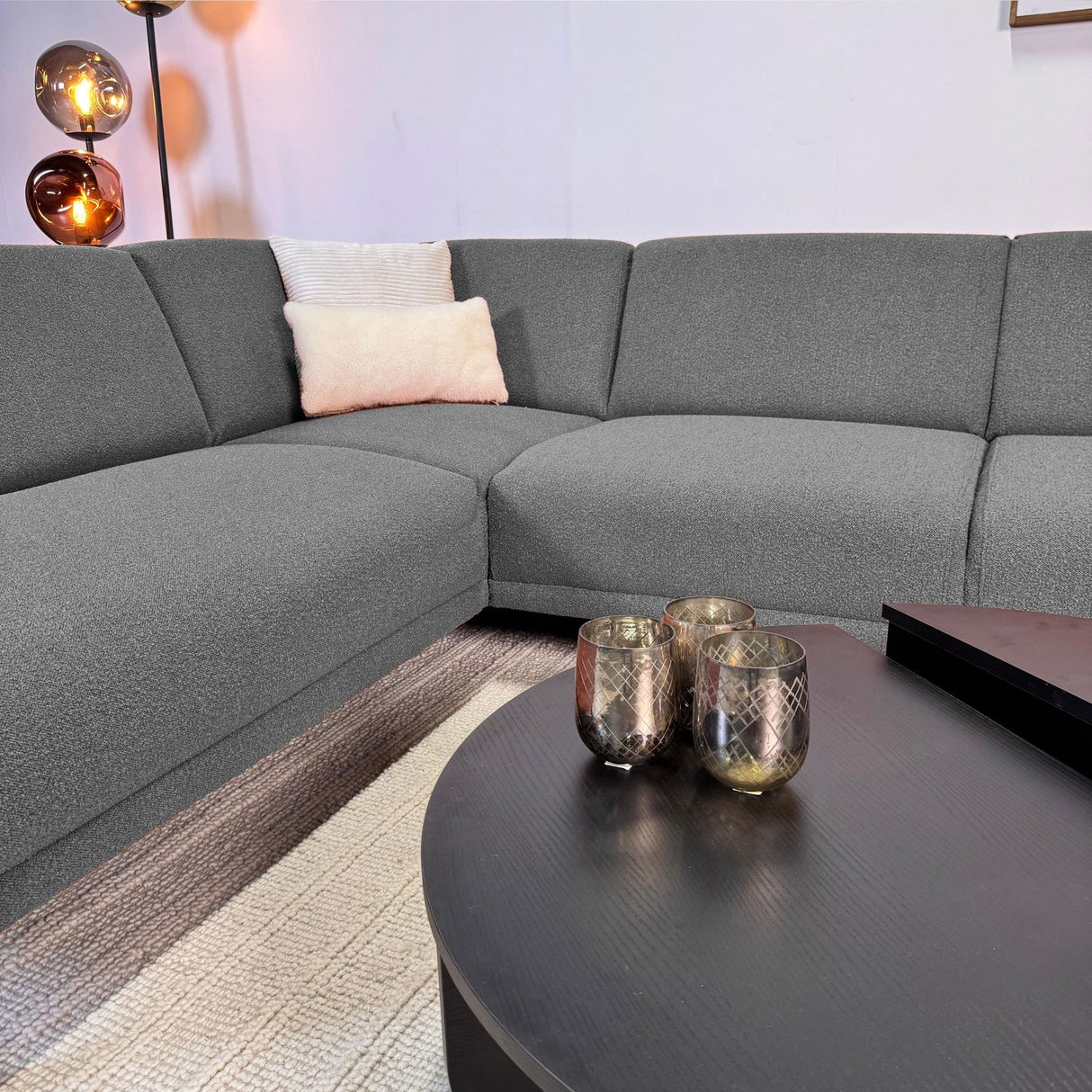 Gray bouclé fabric corner sofa Maël - left 