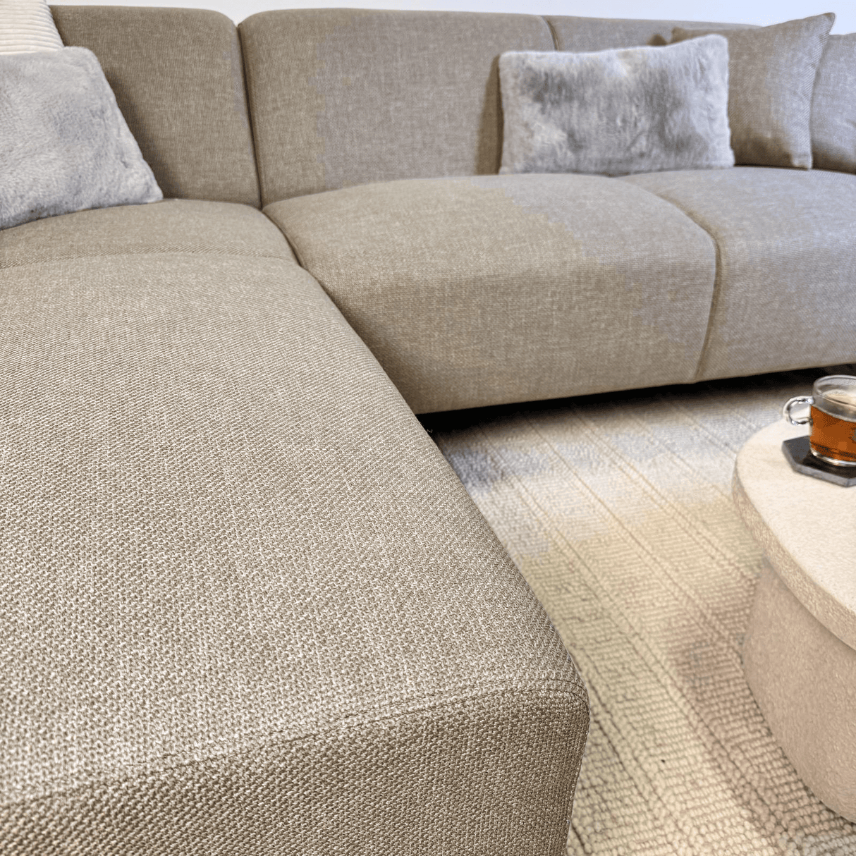 Corner sofa with compact lounge beige recycled fabric Moby - left 