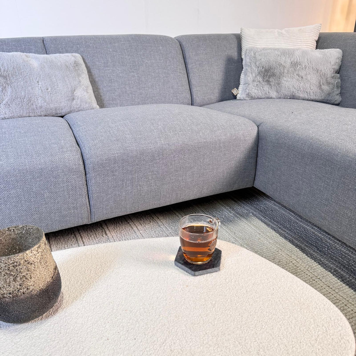 Corner sofa with compact lounge in grey-blue recycled fabric Moby - right 