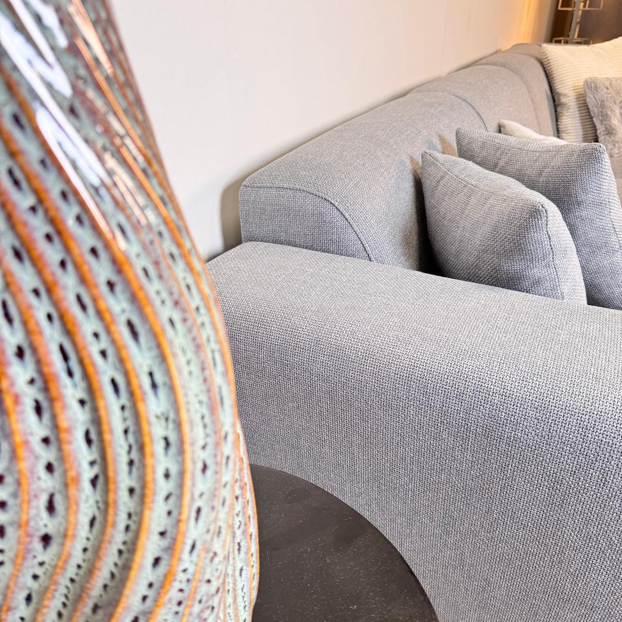 Corner sofa with compact lounge in gray-blue recycled fabric Moby - left 