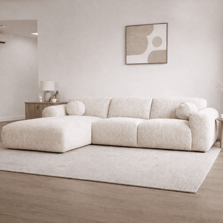 Corner sofa with chaise longue in beige chenille fabric Shane – left