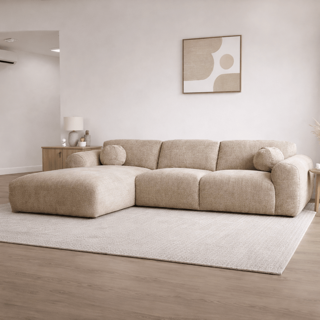 Corner sofa with chaise longue in beige chenille fabric Shane – left