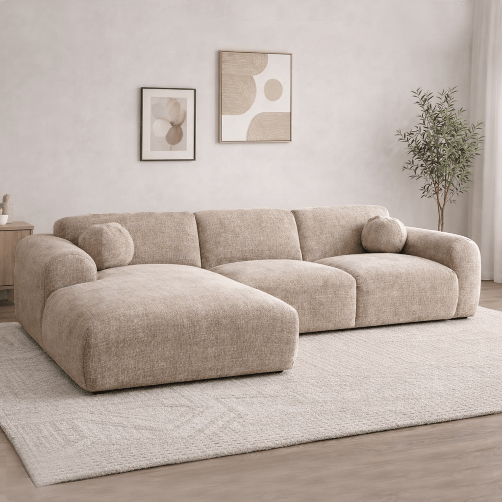 Corner sofa with chaise longue in beige chenille fabric Shane – left