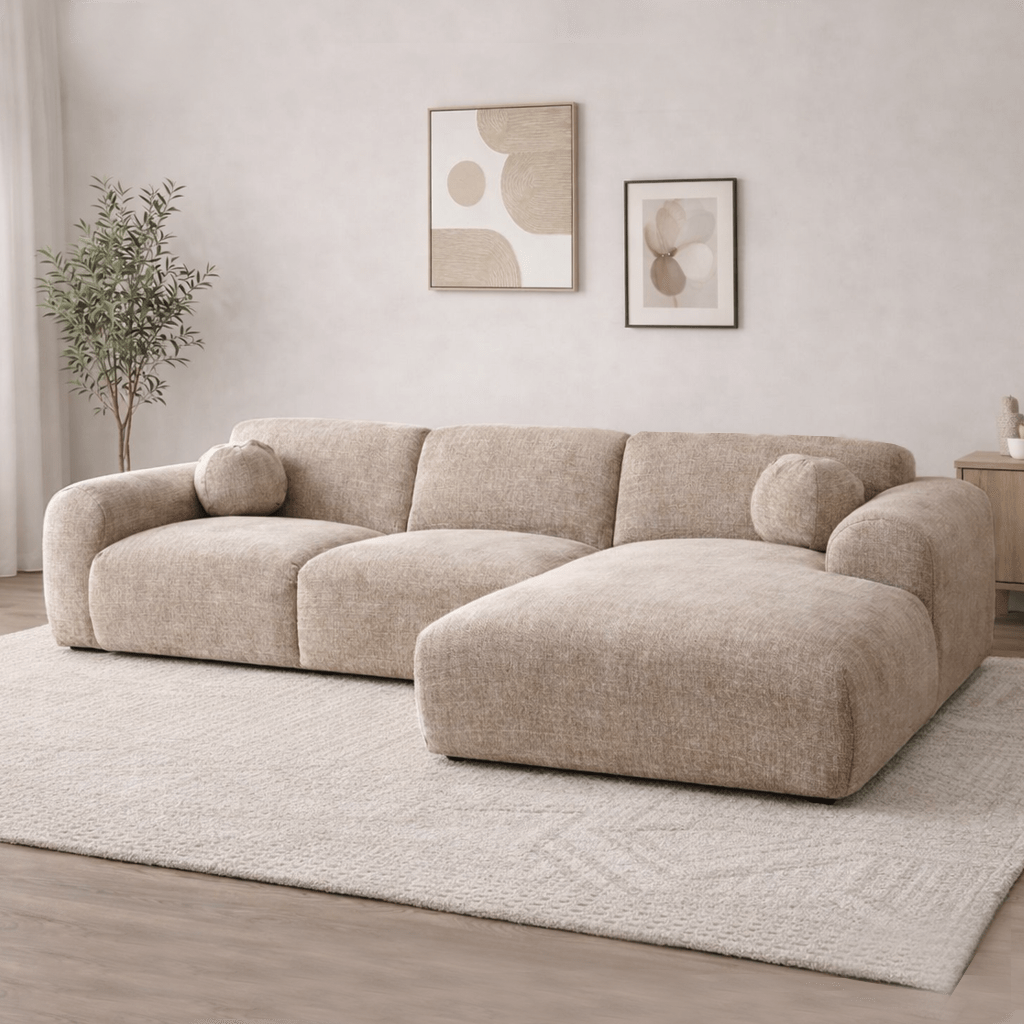 Corner sofa with chaise longue in beige chenille fabric Shane – right