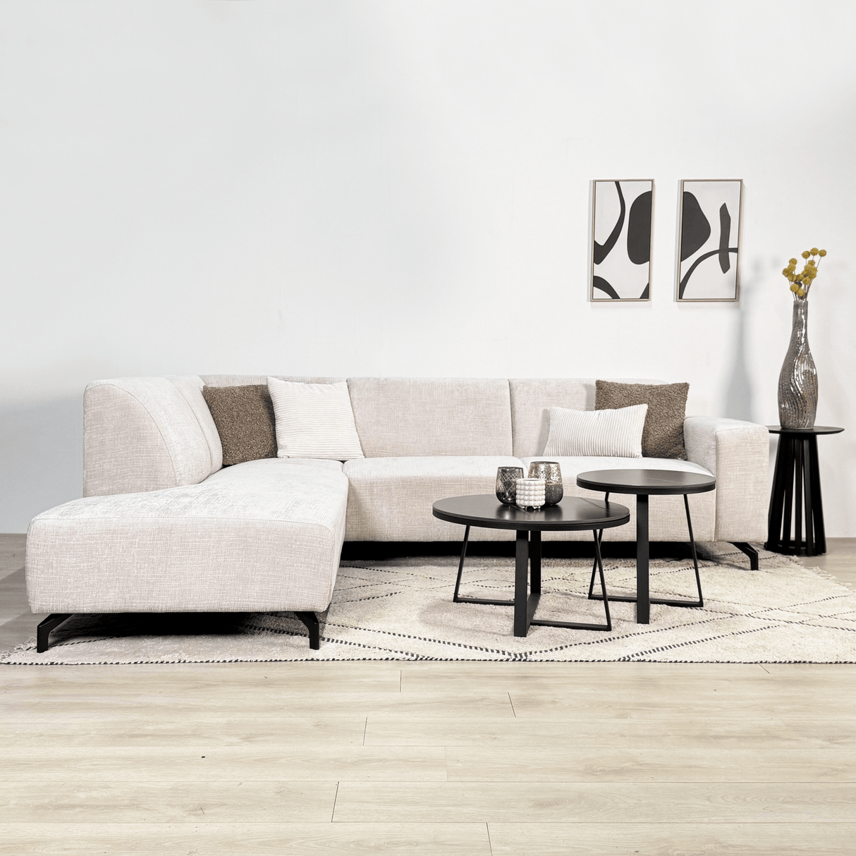 Corner sofa with chaise longue in beige chenille fabric Manon - left 