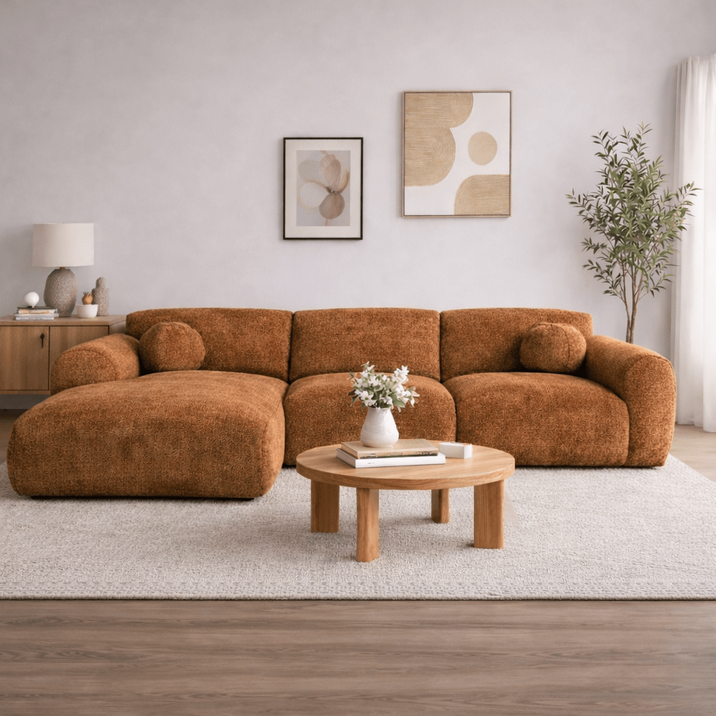 Corner sofa with chaise longue in copper chenille fabric Shane – left