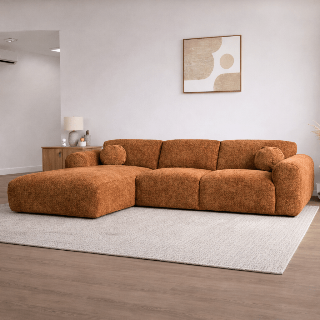 Corner sofa with chaise longue in copper chenille fabric Shane – left