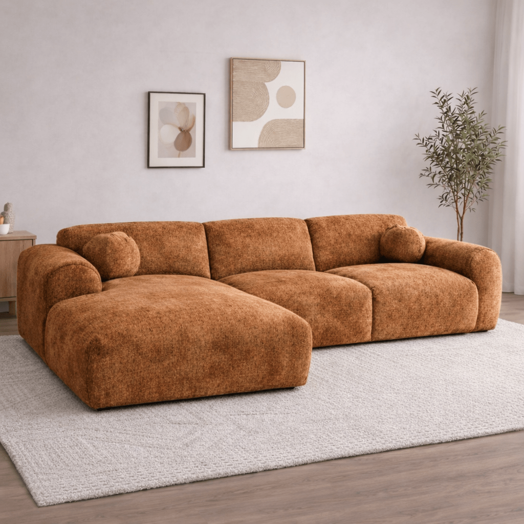 Corner sofa with chaise longue in copper chenille fabric Shane – left
